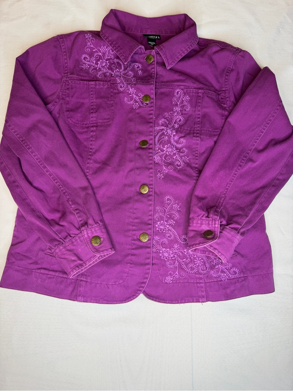 Vintage Trilogy By Morning Sun Denim Style Purple Jacket W/Floral Embroidery. M